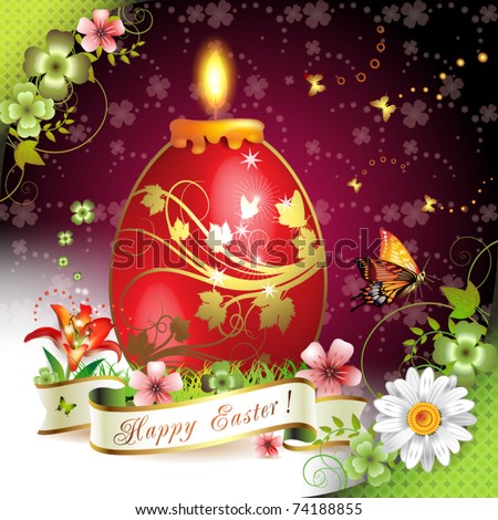 Easter card with butterflies, candle and decorated egg on grass