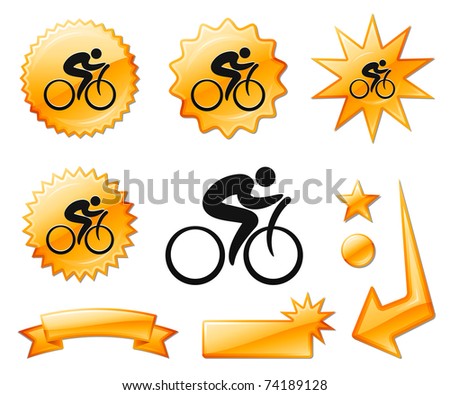 Cyclist Icon on Orange Burst Banners and Medals Original Vector Illustration