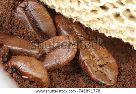Bulk Roasted Coffee Beans on dark brown powder and bag in natural windows lighting, HDR Macro stacking photography, detail of grain texture