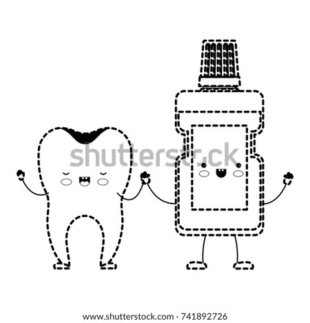 tooth and mouthwash in cartoon holding hands in black dotted silhouette vector illustration