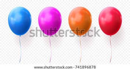 Blue, purple or violet, orange and red balloon vector illustration on transparent background. Glossy realistic baloon for Birthday party.