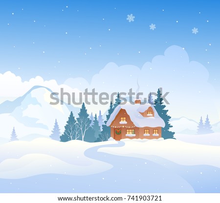 Vector cartoon drawing of a Christmas mountain landscape with a snow covered cottage