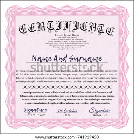 Pink Sample Certificate. Sophisticated design. Customizable, Easy to edit and change colors. With guilloche pattern. 