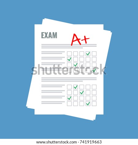 exam sheet with A plus grade, flat design Royalty-Free Stock Photo #741919663