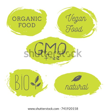 Healthy food icons, labels. Organic tags. Natural product elements. Logo for vegetarian restaurant menu. Raster illustration. Low fat stamp. Eco product.