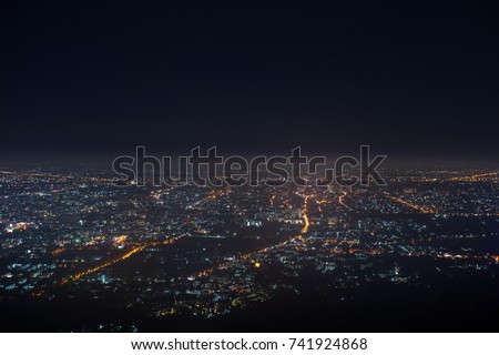 light bokeh city landscape at night sky with many stars,  blurred background concept Royalty-Free Stock Photo #741924868