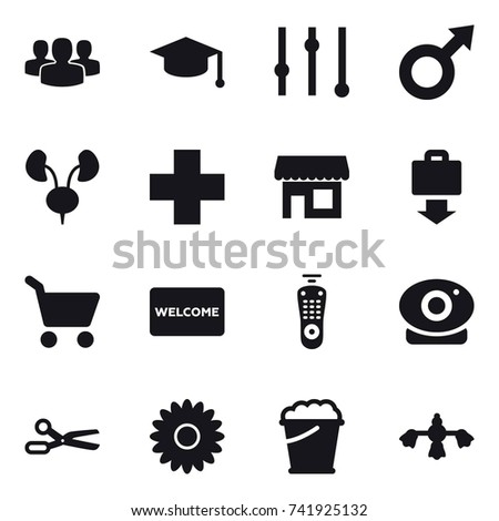 16 vector icon set : group, graduate hat, equalizer, shop, baggage get, cart, welcome mat, scissors, flower, foam bucket, hard reach place cleaning