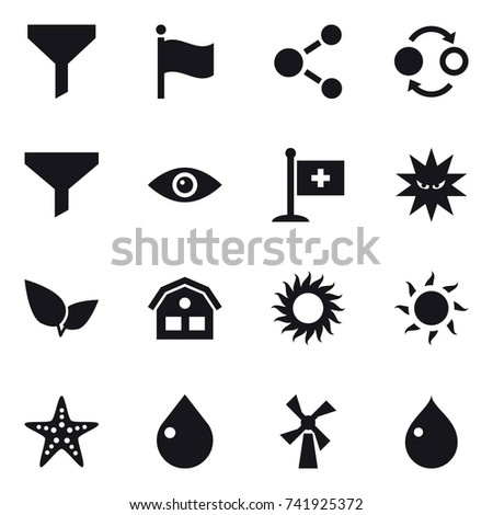 16 vector icon set : funnel, flag, molecule, quantum bond, house, sun, starfish, drop, windmill