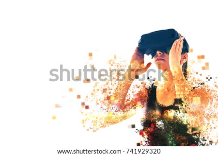 A person in virtual glasses flies to pixels. The woman with glasses of virtual reality. Future technology concept. Modern imaging technology. Fragmented by pixels.