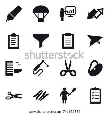 16 vector icon set : marker, parachute, presentation, up down arrow, clipboard, funnel, deltaplane, hotel, scissors, clothespin, woman with pipidaster, clipboard list