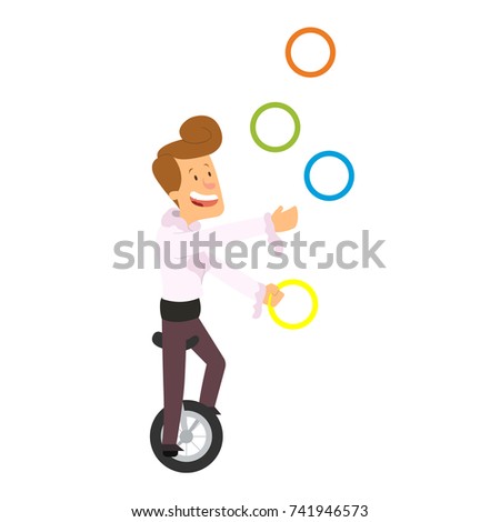 funny juggler on the bike. man juggles objects isolated on white background vector