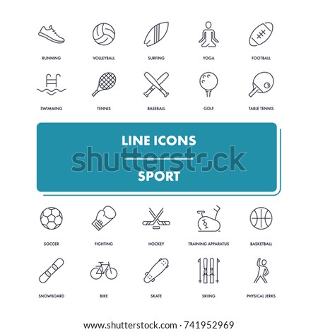 Line icons set. Sport pack. Vector illustration for activity life and gym, health. Team and single, extreme, water sports 