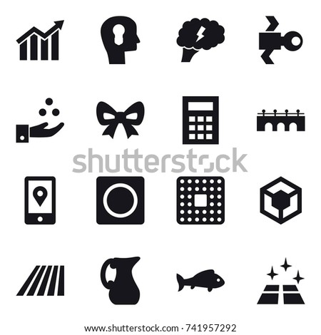 16 vector icon set : diagram, bulb head, brain, satellite, chamical industry, bow, calculator, bridge, ring button, field, jug, fish, clean floor