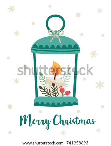 Christmas lantern, lamp with candle, berries, snowflakes. Vector illustration