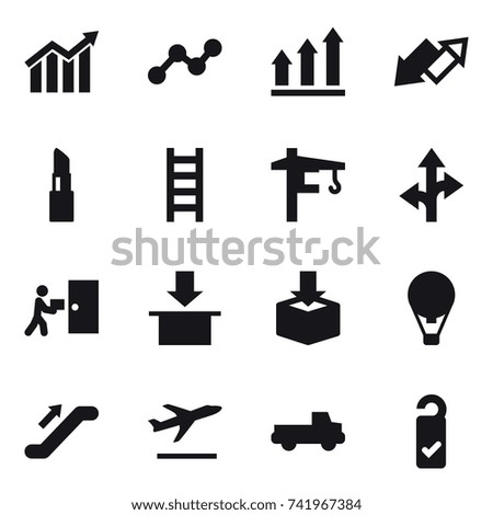 16 vector icon set : diagram, graph, graph up, up down arrow, lipstick, stairs, tower crane, air ballon, escalator, departure, pickup, please clean