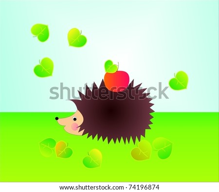 hedgehog and apple, colored illustration, green and blue background