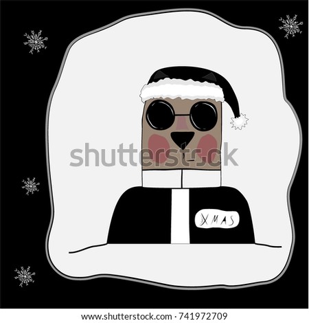 Cool bad-Santa cat. Pet in a Christmas hat and sunglasses. Bkack. New year's illustration. Vector illustration.