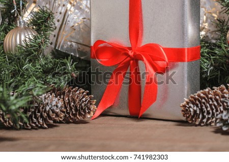 Christmas and New Year, gifts, toys, decor, fir close up