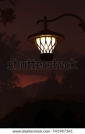 Light lamp with twilight sky in Alishan National Scenic Area, Chiayi Province, Taiwan.