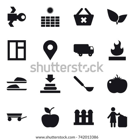 16 vector icon set : satellite, sun power, delete cart, window, slippers, ladle, trailer, apple, grain elevator, garbage bin