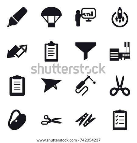 16 vector icon set : marker, parachute, presentation, rocket, up down arrow, clipboard, funnel, mall, deltaplane, scissors, clothespin, clipboard list