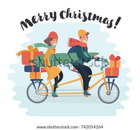 Vector cartoon illustration of cute family couple. Woman ride on tandem bicycle with man transportation christmas tree and gift boxes. Shopping spree. Happy holidays concept. Hand drawn lettering