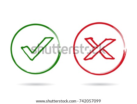 Check mark and Cross sign. Hand drawn with brush. Vector, isolated