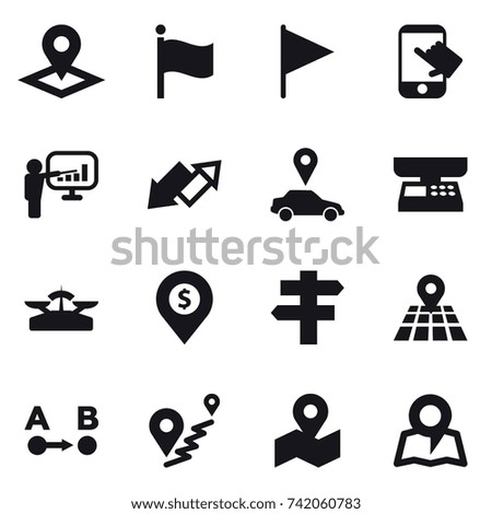 16 vector icon set : pointer, flag, touch, presentation, up down arrow, car pointer, market scales, scales, dollar pin, singlepost, map