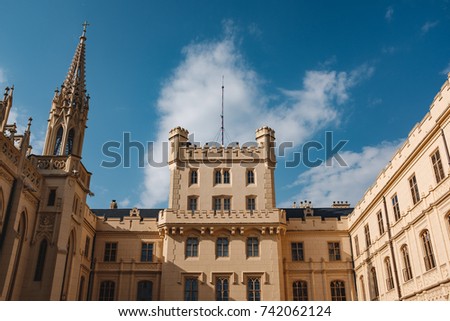 State Chateau Lednice with blue sky in tha background, Czech Neo-Gothic Monument, Lednice-Valtice UNESCO World Heritage Site.