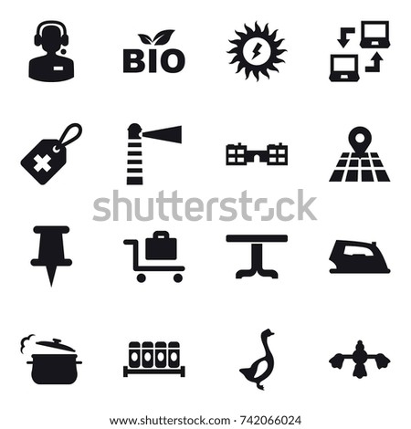 16 vector icon set : call center, bio, sun power, notebook connect, lighthouse, school, baggage trolley, table, iron, steam pan, goose, hard reach place cleaning