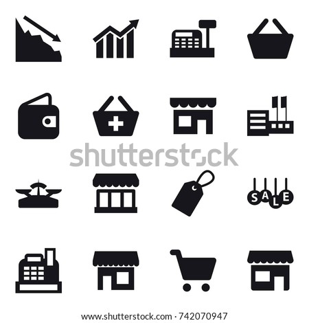 16 vector icon set : crisis, diagram, cashbox, basket, wallet, add to basket, shop, store, scales, market, label, sale Royalty-Free Stock Photo #742070947