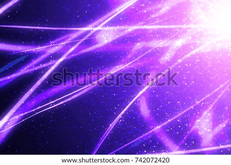 Abstract xmas violet or pink sparkles or glitter lights. Christmas festive bright background. Defocused lines bokeh or particles. Template for design