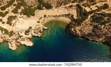 Aerial bird's eye view photo taken by drone of archaeological site of Heraion, cape Melagavi, Loutraki, Perachora, Greece