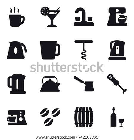16 vector icon set : hot drink, cocktail, water tap, coffee maker, kettle, cup, corkscrew, turk, coffee seeds, barrel, wine