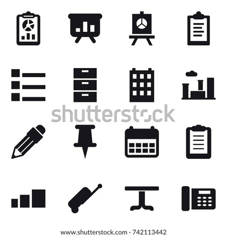 16 vector icon set : report, presentation, clipboard, list, building, city, pencil, suitcase, table