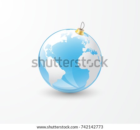 Colorful christmas balls isolated on white background. Holiday christmas toy with world map for fir tree. Vector illustration.