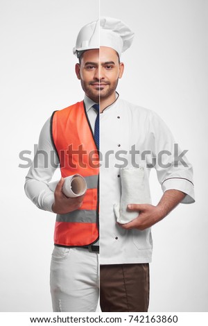 Vertical combined studio portrait of an attractive young bearded man dressed as a professional architect in safety vest and hardhat and a chef cook eating food healthy nutrition building. Royalty-Free Stock Photo #742163860