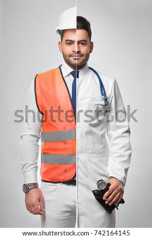 Combined studio portrait of a man dressed in constructionist uniform and labcoat architector engineering building construction doctor medical worker medicine healthcare insurance safety. Royalty-Free Stock Photo #742164145