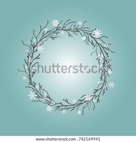Wreath from black branches, twigs with white snowflakes on blue winter sky. Garland good for new year greeting cards. Vector Christmas clip art  illustration isolated on white
