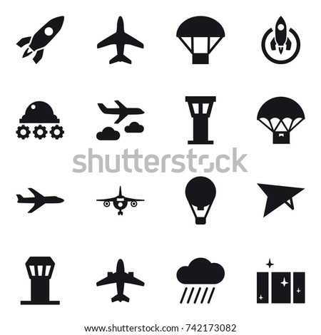 16 vector icon set : rocket, plane, parachute, lunar rover, journey, airport tower, air ballon, plane, airplane, rain cloud, clean  window