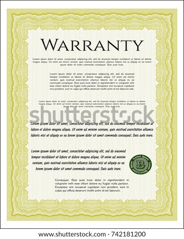 Yellow Warranty template. Cordial design. With guilloche pattern and background. Vector illustration. 