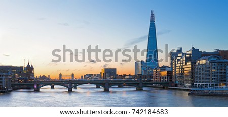 London - The bridges and the skyscraper Shard at morning dusk. Royalty-Free Stock Photo #742184683