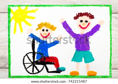 Photo of colorful drawing: Smiling boy sitting on his wheelchair. Disabled boy with a friend