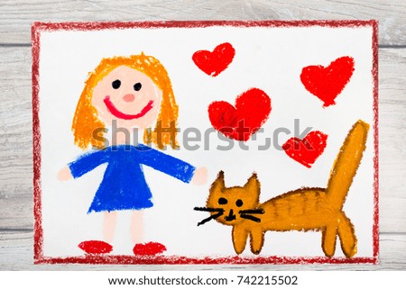 Photo of colorful drawing: Smiling little girl and her cute cat
