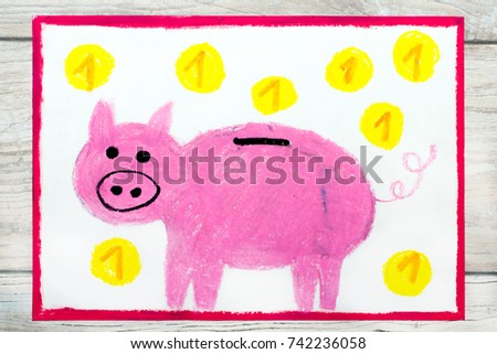Photo of colorful drawing: Pink piggy bank and coins. 