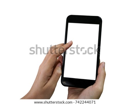 Young asian woman touching black smartphone and use for chat and surfing the Internet - isolated