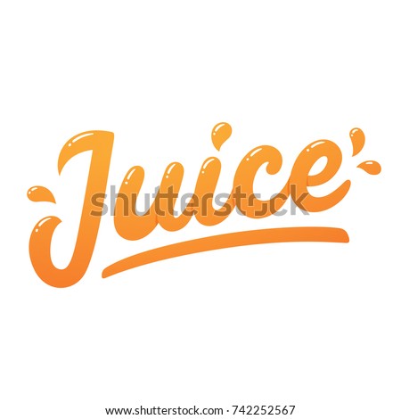Orange juice, handwritten lettering with juicy drops. Isolated vector logo, modern hand drawn text. Royalty-Free Stock Photo #742252567