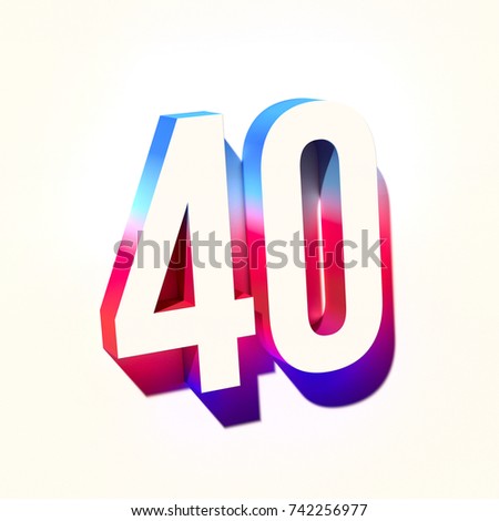 Number Forty 40 with pink and blue abstract gradient shadow. 3d render of condensed font number 40 isolated on white background