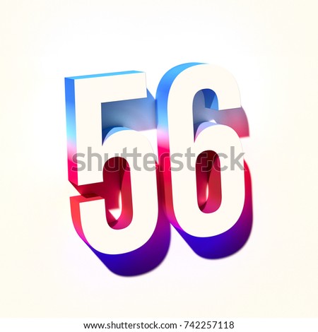 Number Fifty Six 56 with pink and blue abstract gradient shadow. 3d render of condensed font number 56 isolated on white background