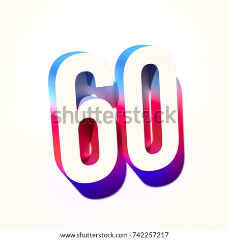 Number Sixty 60 with pink and blue abstract gradient shadow. 3d render of condensed font number 60 isolated on white background